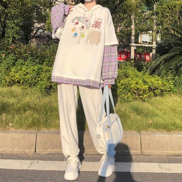 長袖褲裝套裝學生兩件套裝女寬松印花連帽假兩件衛衣束腳休閒褲春秋【倪醬】