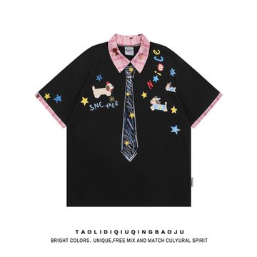 假兩件可愛小狗印花POLO衫短袖T恤女夏季學院風情侶寬松體恤上衣