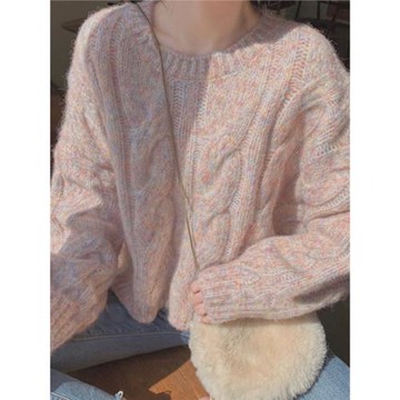 粉色溫柔系毛衣女甜美仙寬松外穿設計感小眾麻花套頭短款針織衫