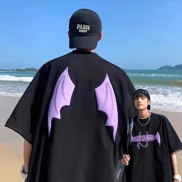 夏季新款 惡魔翅膀印花短T 美式復古 百搭寬鬆 短袖印花t 五分袖 短袖男 男t 情侶T恤 （XB1400）【壹號站】