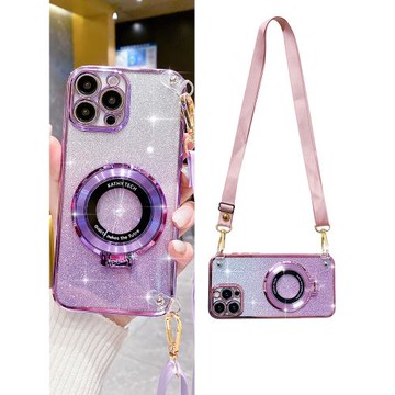 適用蘋果15手機殼帶車載磁吸支架iphone13可無線充電14plus閃粉12pro硅膠11max全包邊xr防摔16斜挎可背帶掛繩