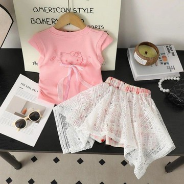 🎀biubiu童裝🎀女中大童休閒套裝夏季新款甜美KT貓短袖上衣屁簾花邊裙褲兩件套潮