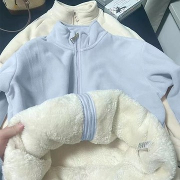 甜美學院搖粒絨保暖羊羔毛衛衣秋冬季寬鬆加絨加厚立領學生外套 毛毛外套 秋冬上衣 加絨加厚 長袖外套 毛絨外套 上衣 女裝