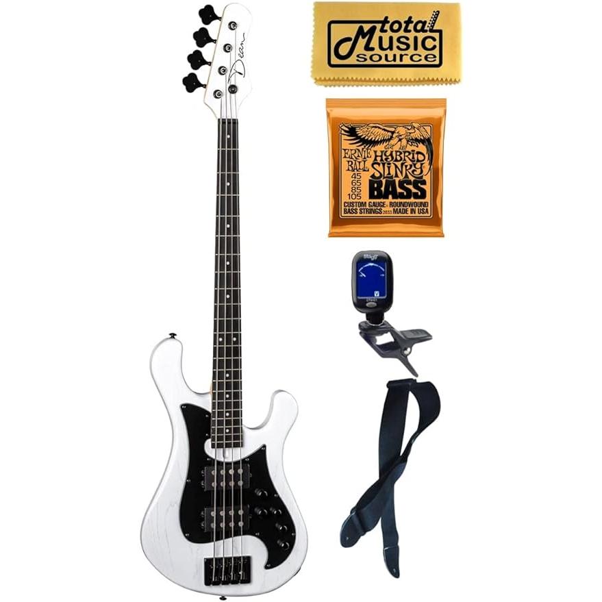 Dean Hillsboro Select White Satin String Bass Guitar, Bundle