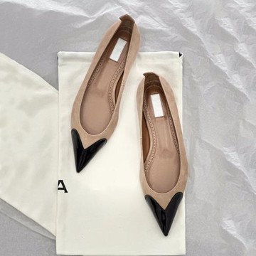 2025新款尖頭平底愛心拼色淺口單鞋女真皮韓版百搭舒適軟底瓢鞋潮