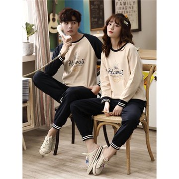 秋季情侶純棉睡衣長袖圓領束腳套裝青年男女居家休閑服時尚可外穿