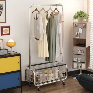 落地衣帽架家用室內掛衣架可移動臟衣簍隔夜衣架簡易衣服收納架