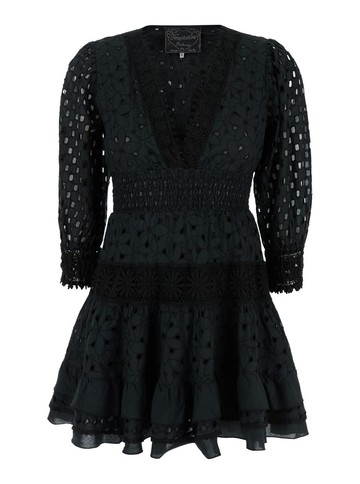 Mini Black Dress With V-Neckline And Embroideries In Cotton Lace Woman