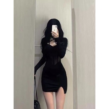 法式復古性感辣妹魚骨連衣裙高級感網紗拼接修身束腰顯瘦包臀短裙