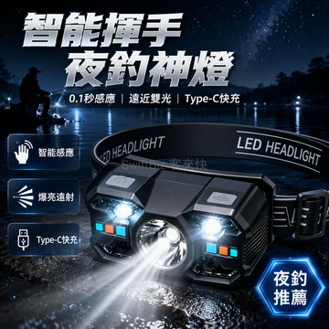 台灣出貨✨ 智能揮手感應頭燈 夜釣專用超輕頭戴 六檔調光遠近雙光 防水Type-C快充 LED頭燈 露營檢修照明
