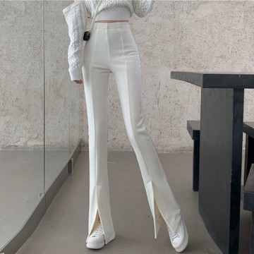 冬季新款高腰加絨加厚微喇叭褲女修身小個子開叉闊腿拖地褲