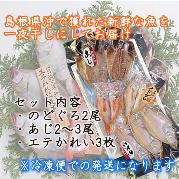 (地域限定送料無料)ギフト 干物セット 産地直送 岡富商店  島根県沖ひもの　大黒（のどぐろ2尾・あじ2〜3尾・エテかれい3枚)  冷凍(sot107)