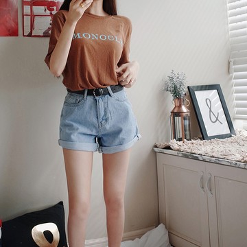 韓版寬鬆顯瘦捲邊高腰牛仔短褲【P80】