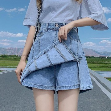 夏日優質牛仔褲 牛仔短褲女 短褲女 牛仔寬褲 牛仔褲女 夏季不規則牛仔短褲女薄款a字裙褲小個子顯瘦休閒高腰五分褲