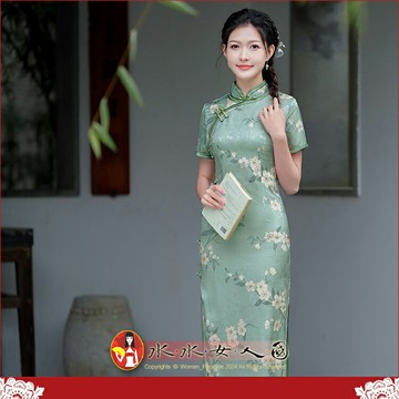 古典複合花羅雙層改良旗袍新款夏季復古民國風少女年輕款長款改良走秀宴會連衣裙洋裝-香靜(綠色)-水水女人國