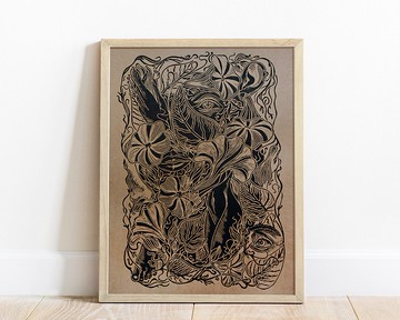 Linocut 版畫 自然花朵中的人類原創藝術品植物牆藝術