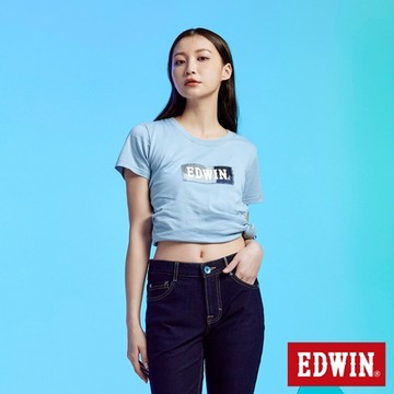 EDWIN 女裝 再生系列 CORE拼布 BOX LOGO短袖T恤-淺藍色
