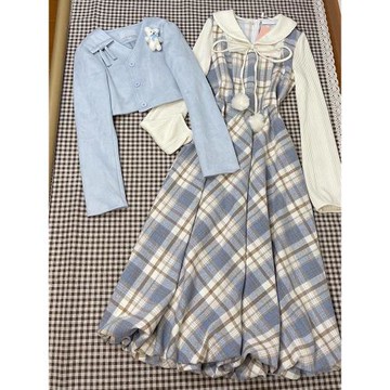 法式藍色假兩件連衣裙子女春秋季2025年新款今年流行爆款格子長裙