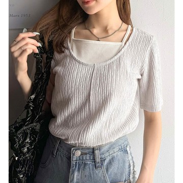 日本 Classical Elf - 前後2way優雅紋理短袖上衣-淺灰