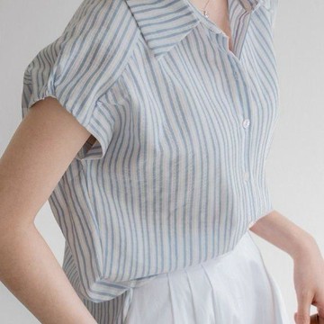 POLO衫女 氣質 顯瘦 純棉條紋別緻襯衫寬鬆短袖新款設計氣質法式夏季減齡藍色上衣襯衣0719