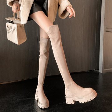 萱樂莎兒秋冬2024加絨過膝靴女厚底絨面裸色靴子長靴小個子長筒靴