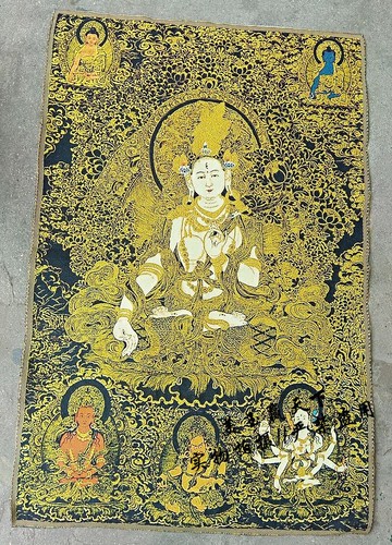 唐卡白度母 西藏藏傳佛教絲綢刺繡 織錦金絲刺繡唐卡黑金白度母像