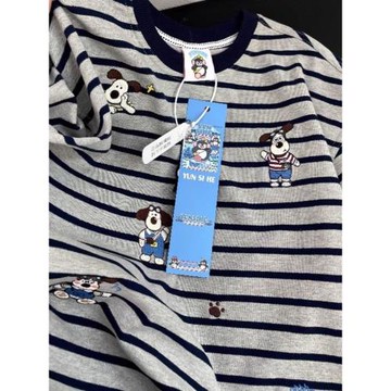 設計感小狗刺繡條紋短袖T恤男女夏季美式復古潮牌純棉半袖上衣ins