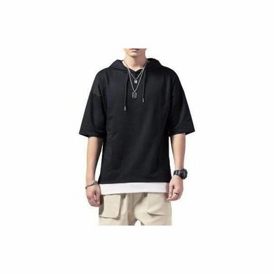 フォーリーフ パーカー メンズ 薄手 半袖 フェイクレイヤード Tシャツ プルオーバーパーカー 重ね着風 ふぁっ 通販 Lineポイント最大get Lineショッピング