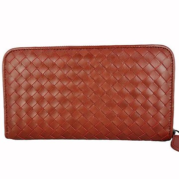 BOTTEGA VENETA 經典編織小羊皮圓皮拉鍊長夾-(磚紅色)