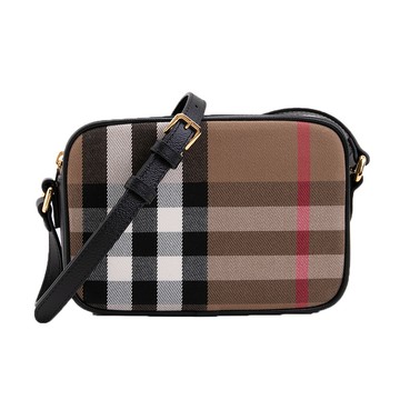 BURBERRY 格紋拼接皮革斜背相機包(黑色)