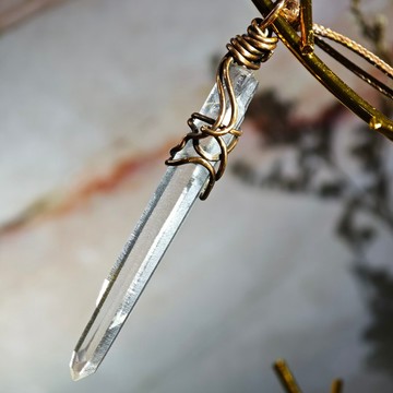 巴西藍針水晶 紅銅手工繞線吊墜 自然原礦項鍊 天使羽毛