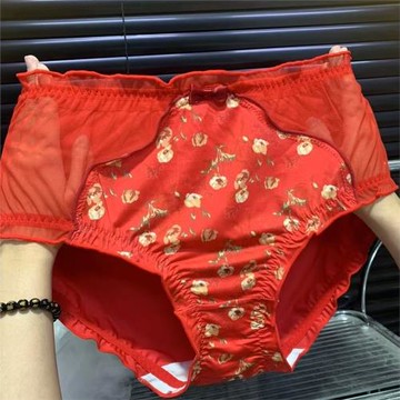 紅色新款大碼中高腰性感蕾絲田園碎花甜美薄款抗菌女士三角褲內褲