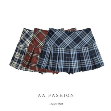 INS美式高腰顯瘦格紋半身裙安全褲防走光百褶裙辣妹短裙子女AA0D