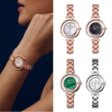 【Folli Follie】33毫米 透視錶殼 旋轉誥石 珍珠母貝錶盤 不鏽鋼鍊錶帶腕錶 多色任選