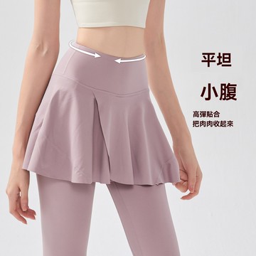 裸感假兩件瑜伽長褲 女高腰提臀運動跑步緊身褲 舞蹈裙騎行褲