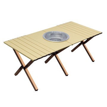戶外露營多功能燒烤蛋捲桌卡其色（戶外露營摺疊桌 、燒烤露營桌、輕量摺疊露營桌）
