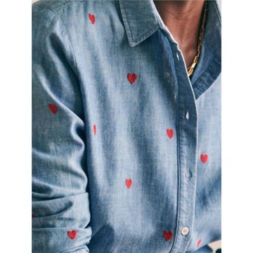 現貨21年春夏法式小眾純棉牛仔小清新桃心刺繡經典款直筒氣質襯衫