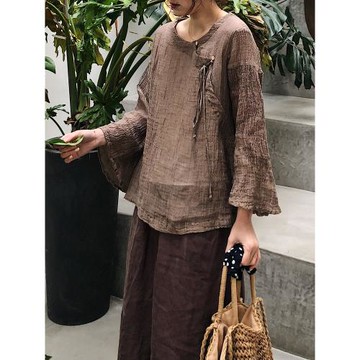 2025春夏新女日系棉麻亞麻苧麻寬松名族風喇叭袖大碼顯瘦襯衫漢服