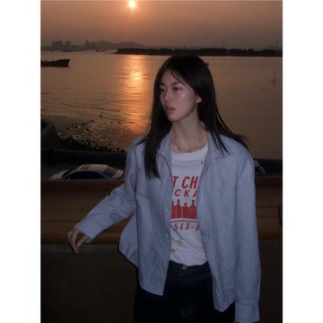 Xentric 慵懶高知復古百搭boxyfit條紋短寬短袖長袖火燒扣襯衫