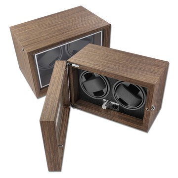 機械錶自動上鍊盒 2旋2入錶座轉動 LED燈 胡桃木皮 - 棕x灰 #SKW142-B