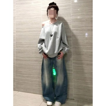 100%純棉韓版斜肩衛衣女春秋季寬鬆顯瘦氣質簡約百搭上衣ins通勤 長袖上衣 女生 t恤 休閒上衣 顯瘦上衣 大學T女裝