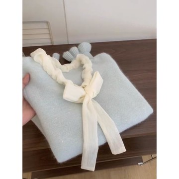 法式高級氛圍感淺藍色毛衣女秋冬2025年冬季新款蝴蝶結喇叭袖上衣