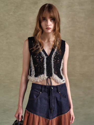 Western Lace-up Cotton Linen Vest [Black] (atb1318w)