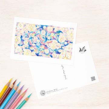 五張一組。猶如繪本般的明信片「在星光滿溢的夜空中飛翔的鳥兒」PC-501