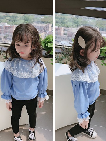 秋季新款 兒童甜美上衣 女童寶寶小清新蕾絲邊大翻領長袖T恤1入
