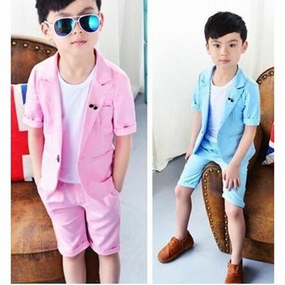 二点送料無料! 男の子フォーマルスーツセットアップ子供服キッズ半袖コート+ショートパンツ2点セット結婚式テーラードジャケット披露宴 一つボタン春夏