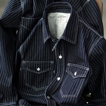 復刻明線條紋工裝夾克男美式復古阿美咔嘰春秋重磅牛仔襯衫外套男