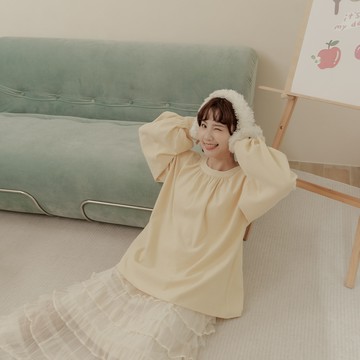 姿佑聯名 細褶澎袖設計素面上衣-黃