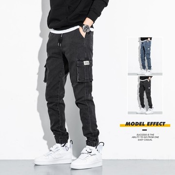 立體側口袋水洗工裝牛仔褲 / 錐形褲 / 上寬下窄 / 縮口束腳設計 / 男女可穿 / 2色 / M到8XL【QTJBY2090】