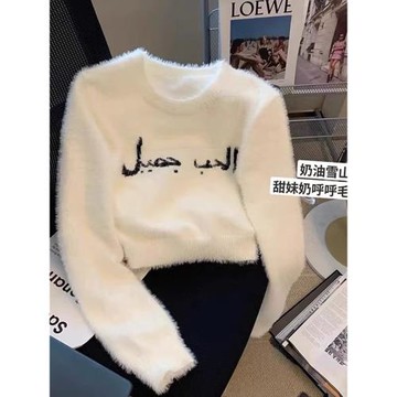 辣妹短款馬海毛軟糯毛衣女秋冬新款圓領修身字母提花針織打底上衣